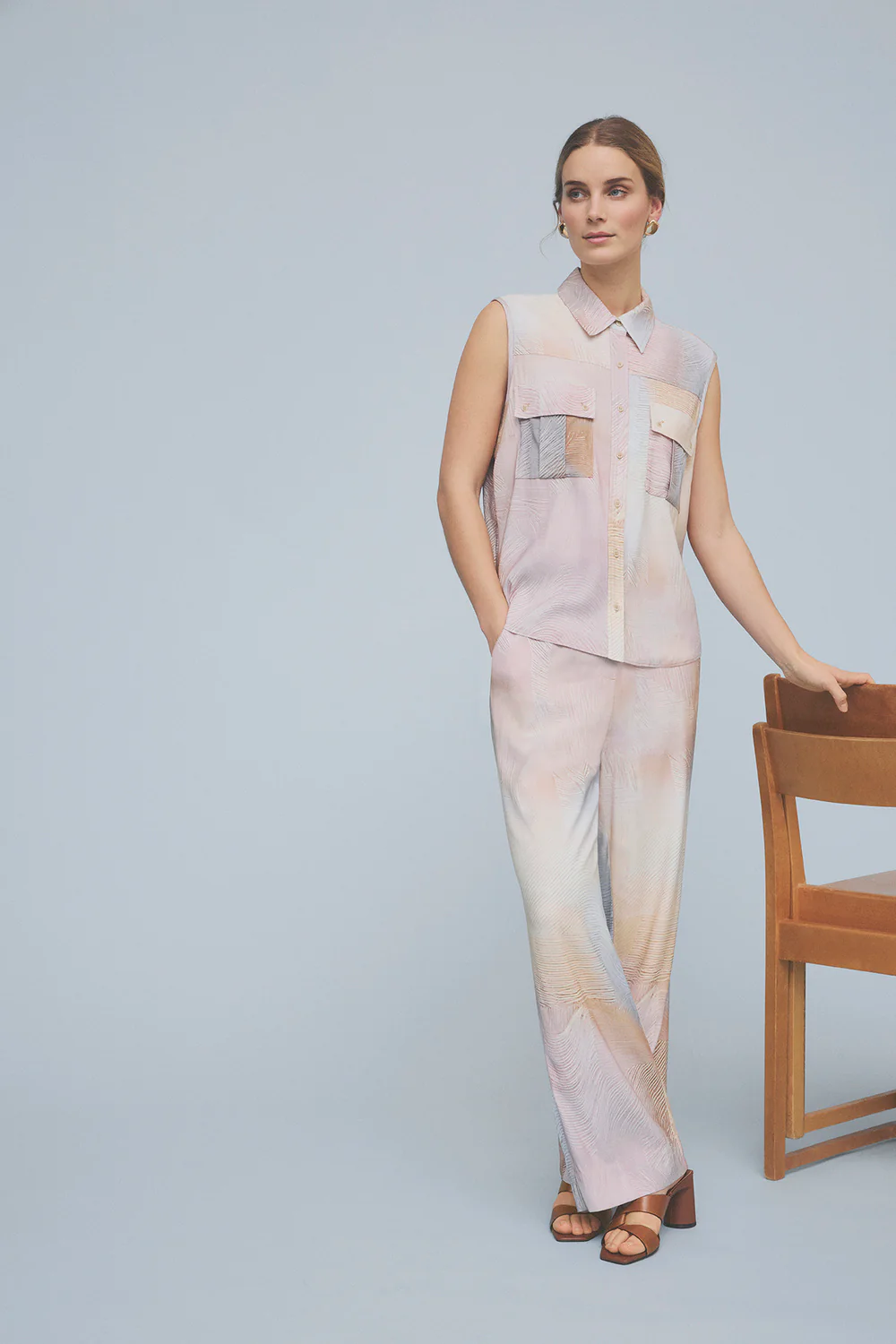 Bali Long Wide Leg | Beige w. Light Blue | Bukser fra Gustav - Image 5