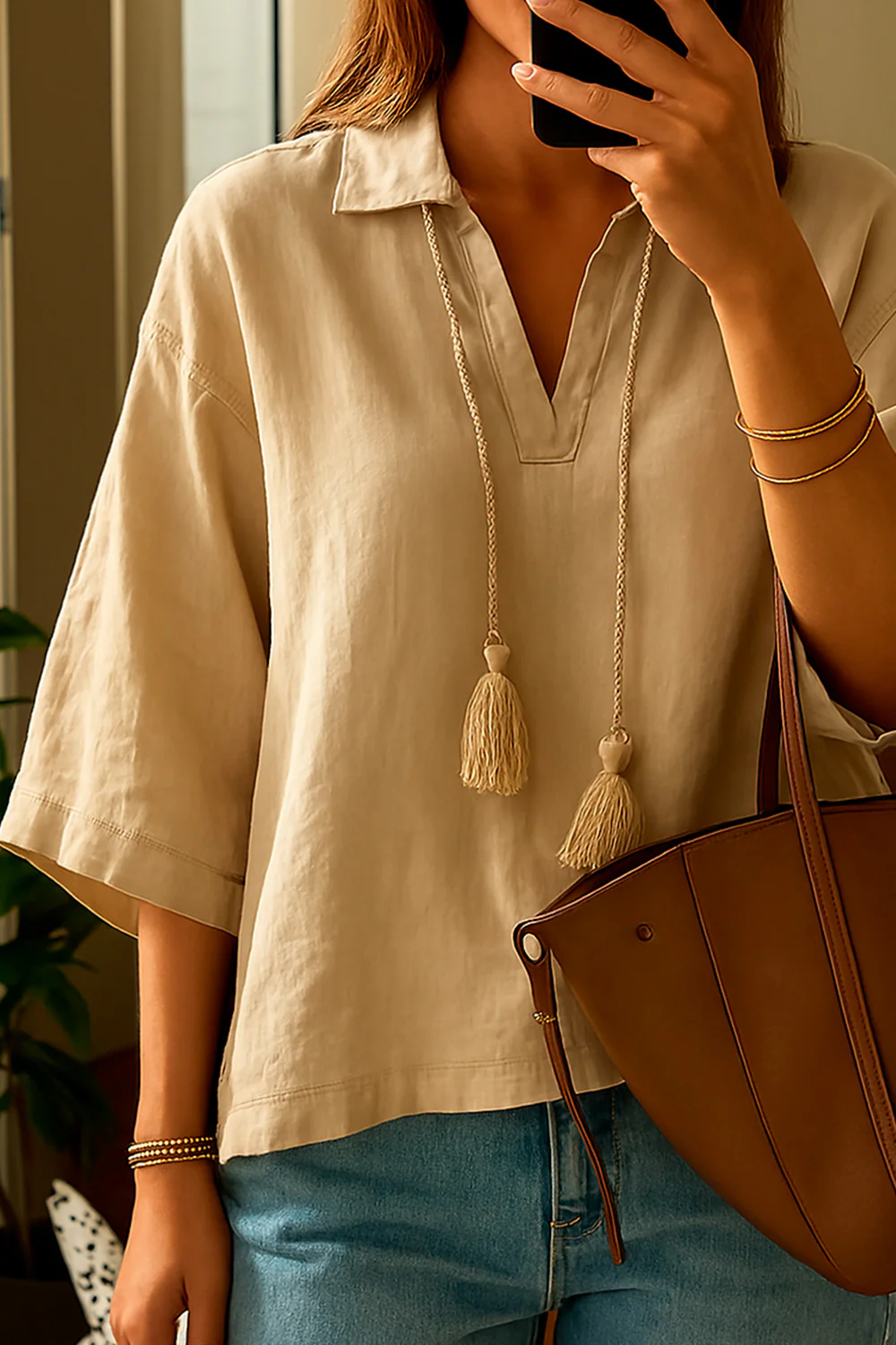 Cotton V-neck Shirt | Camel | Bluse fra Atelier C