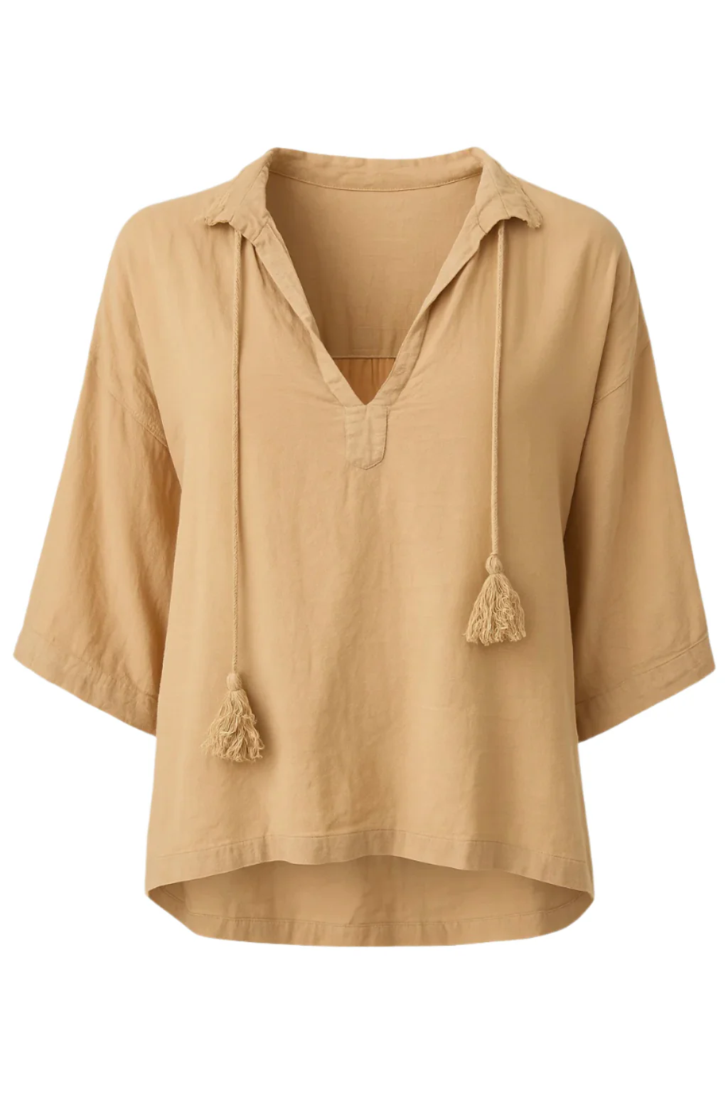 Cotton V-neck Shirt | Camel | Bluse fra Atelier C - Image 2