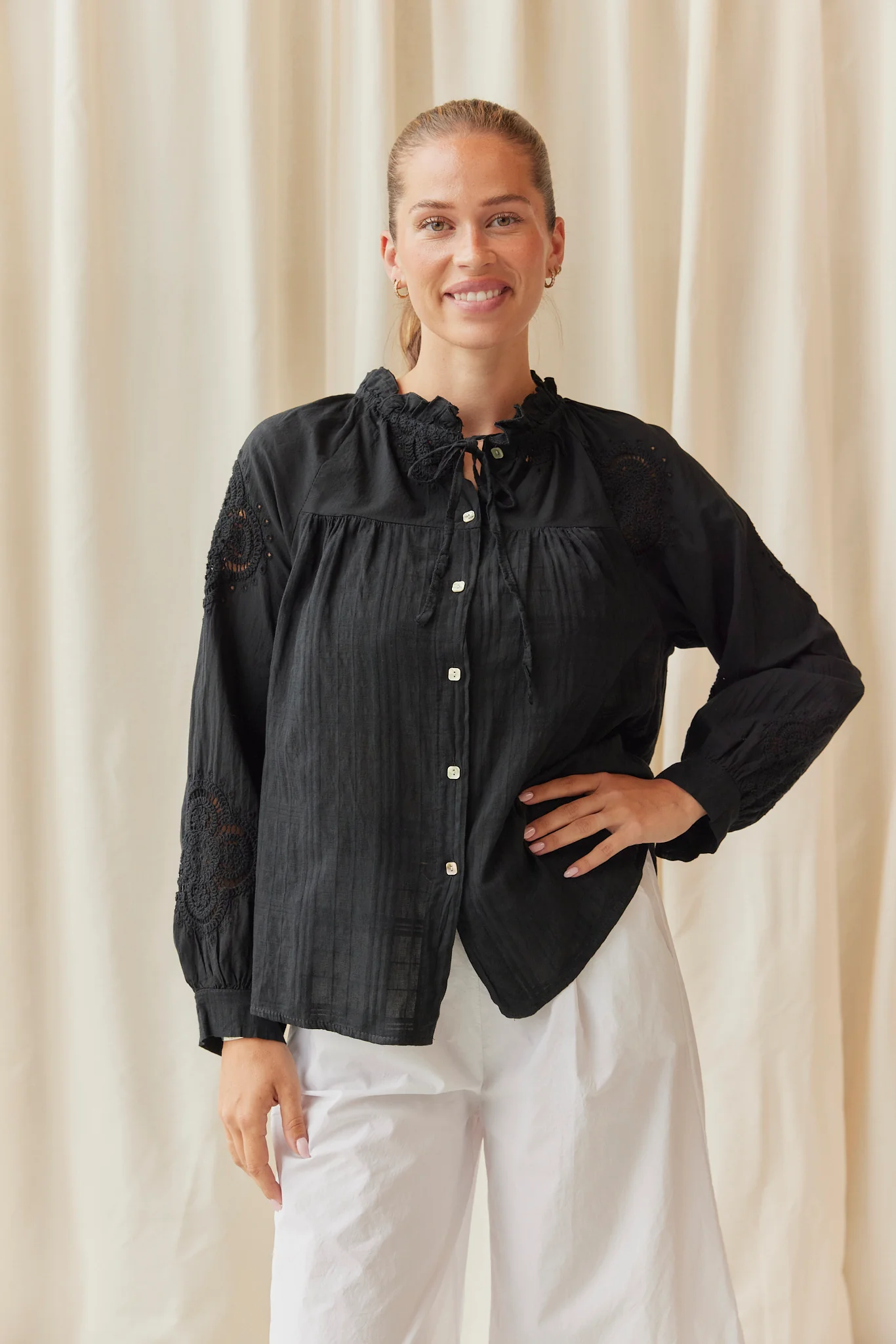 Embroidered Cotton Shirt | Black - Image 3