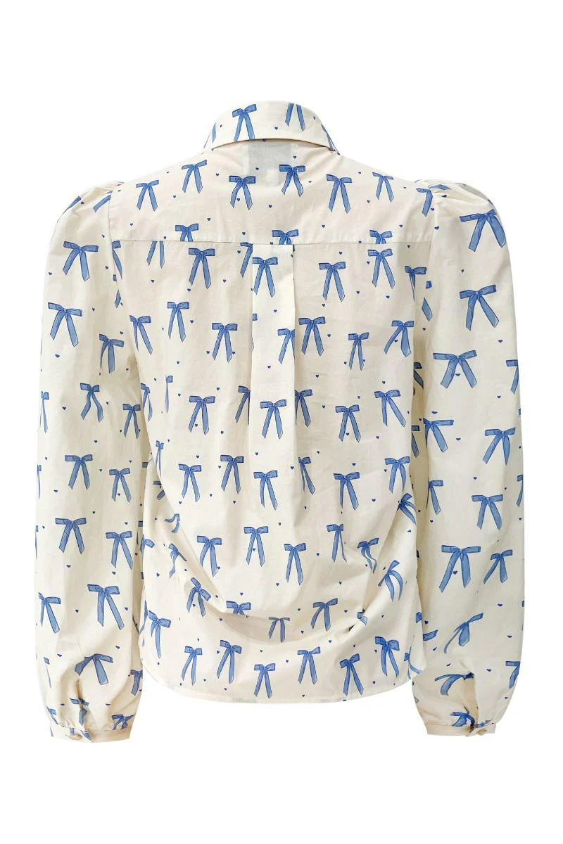 Flora Ls Blouse | Creme Blue Bow Hearts | Bluse fra Liberté - Image 4