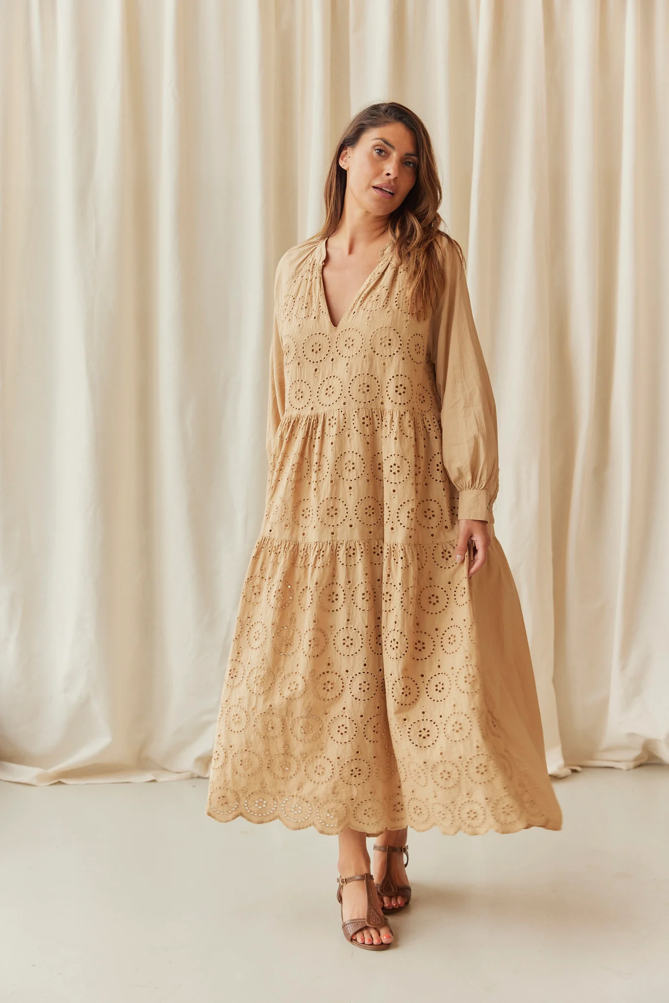 Flowy Embroidery Cotton Dress | Camel - Image 4