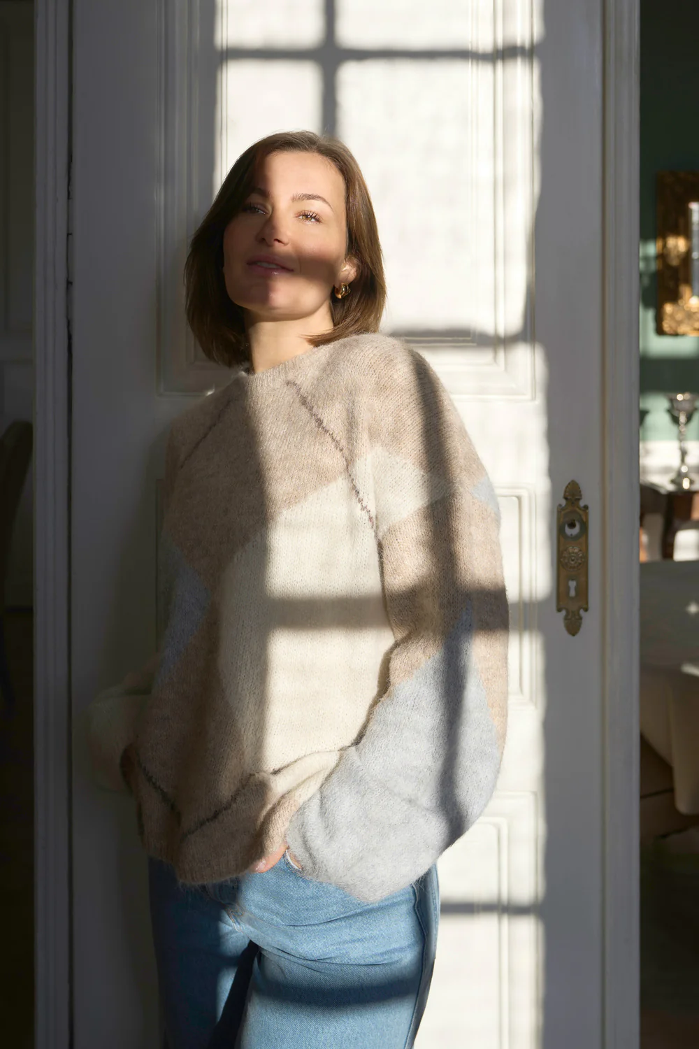 Inga Check Fluff Knit Blouse | Beige Melange | Strik fra Neo Noir