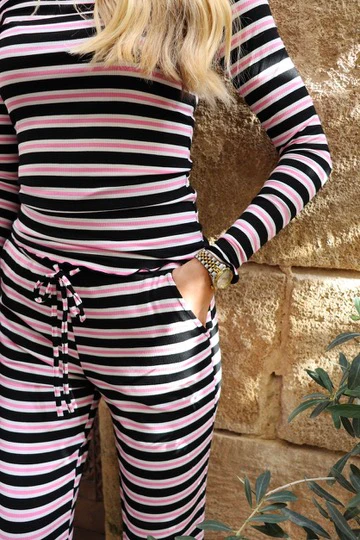 Natalia Straight Pants | Black Bubblegum White Stripe - Image 3