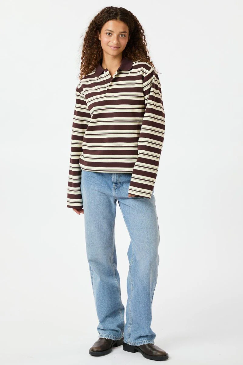 Mala Stripe Polo Blouse | Brown | Bluse fra Neo Noir - Image 6