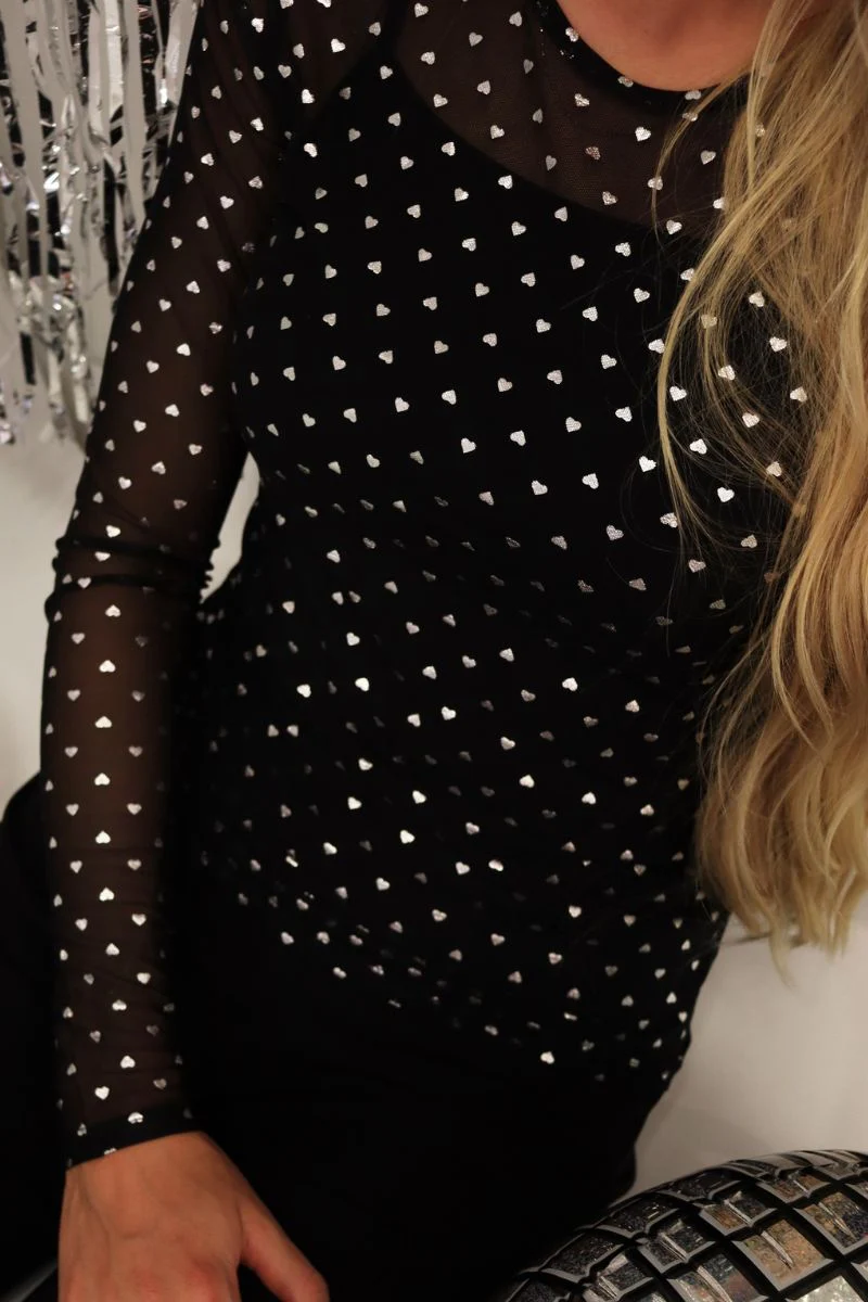 Mesh Ls Sparkle Tshirt | Black Silver Heart |  Liberté - Image 3