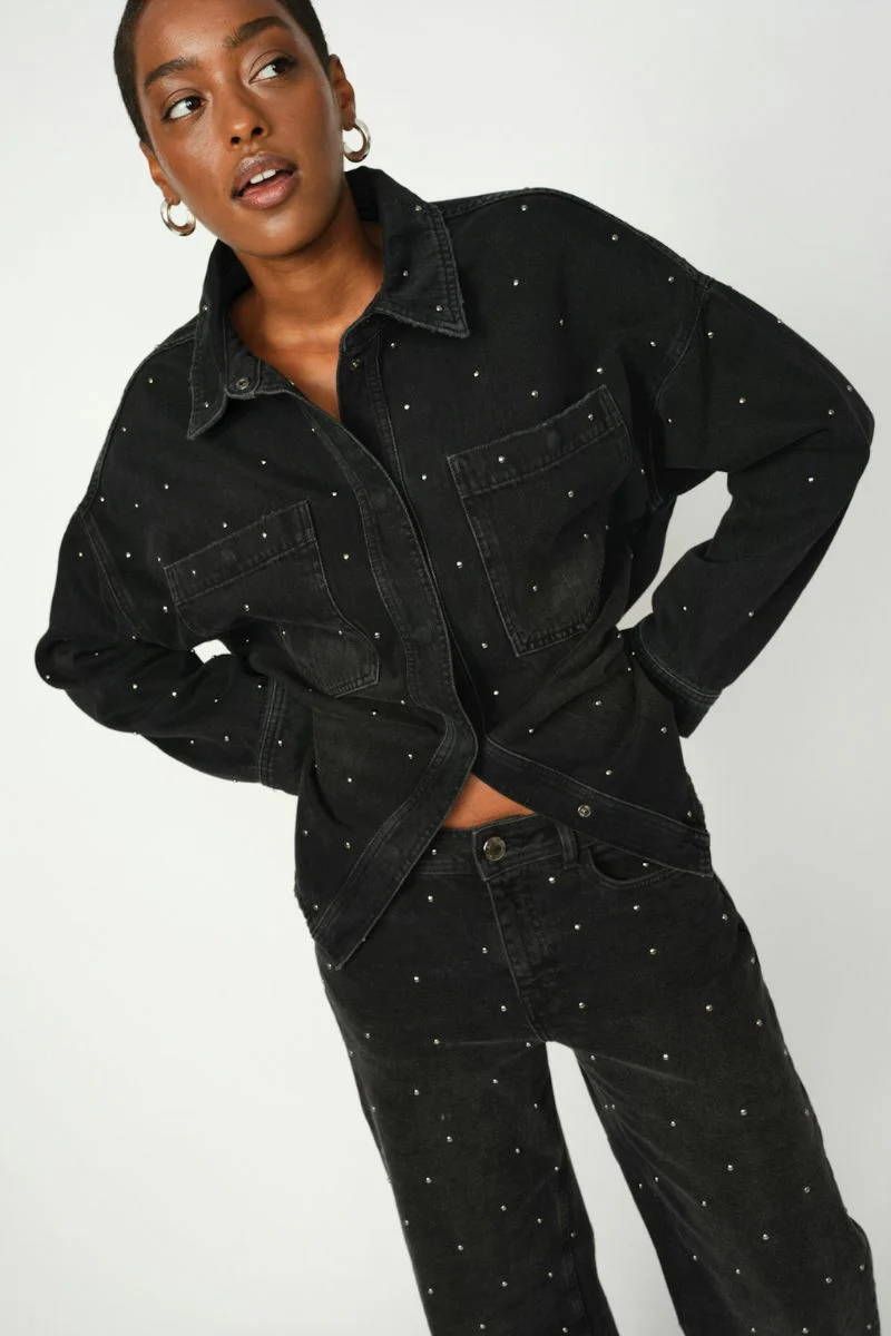 Emme Studs Shirt | Dark Grey Denim | Skjorte fra Mos Mosh