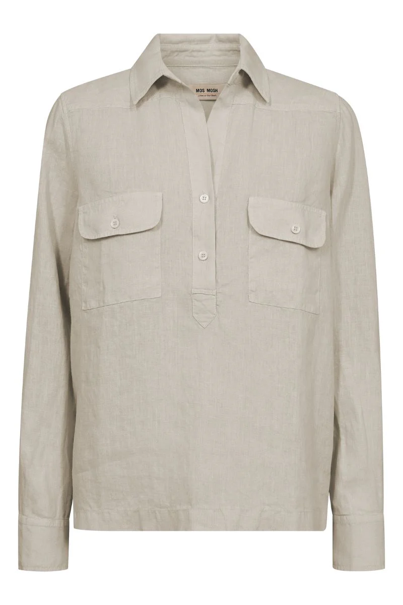 Enna Linen Pocket Blouse | Cement | Bluse fra Mos Mosh