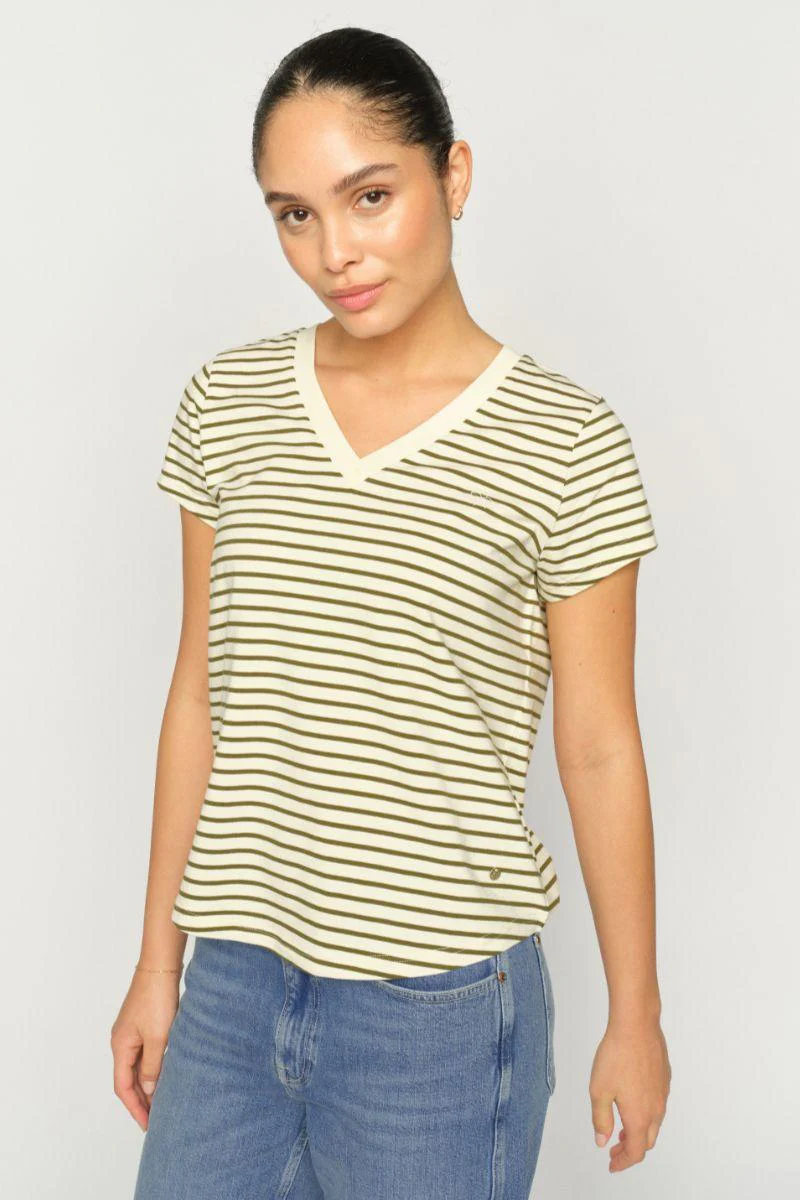 Kala V-SS Stripe Tee | Olive Night | T-Shirt fra Mos Mosh