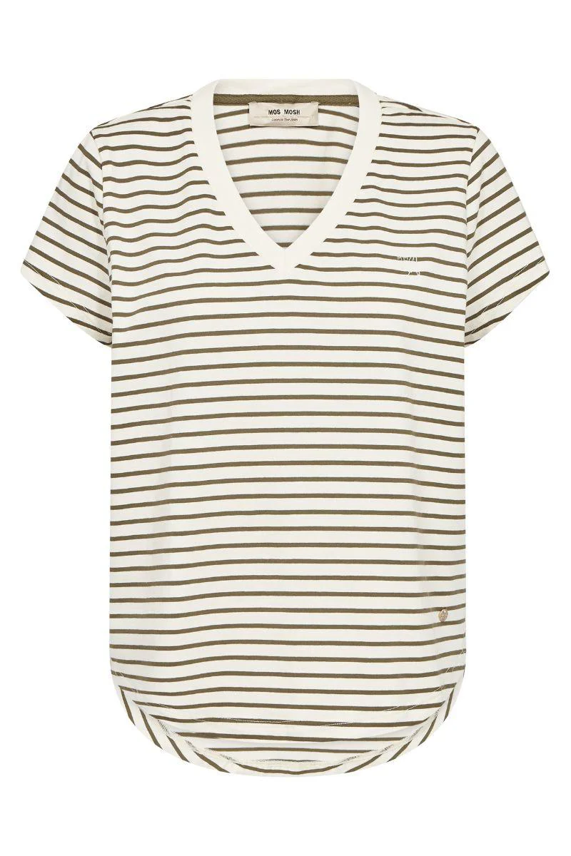 Kala V-SS Stripe Tee | Olive Night | T-Shirt fra Mos Mosh - Image 2