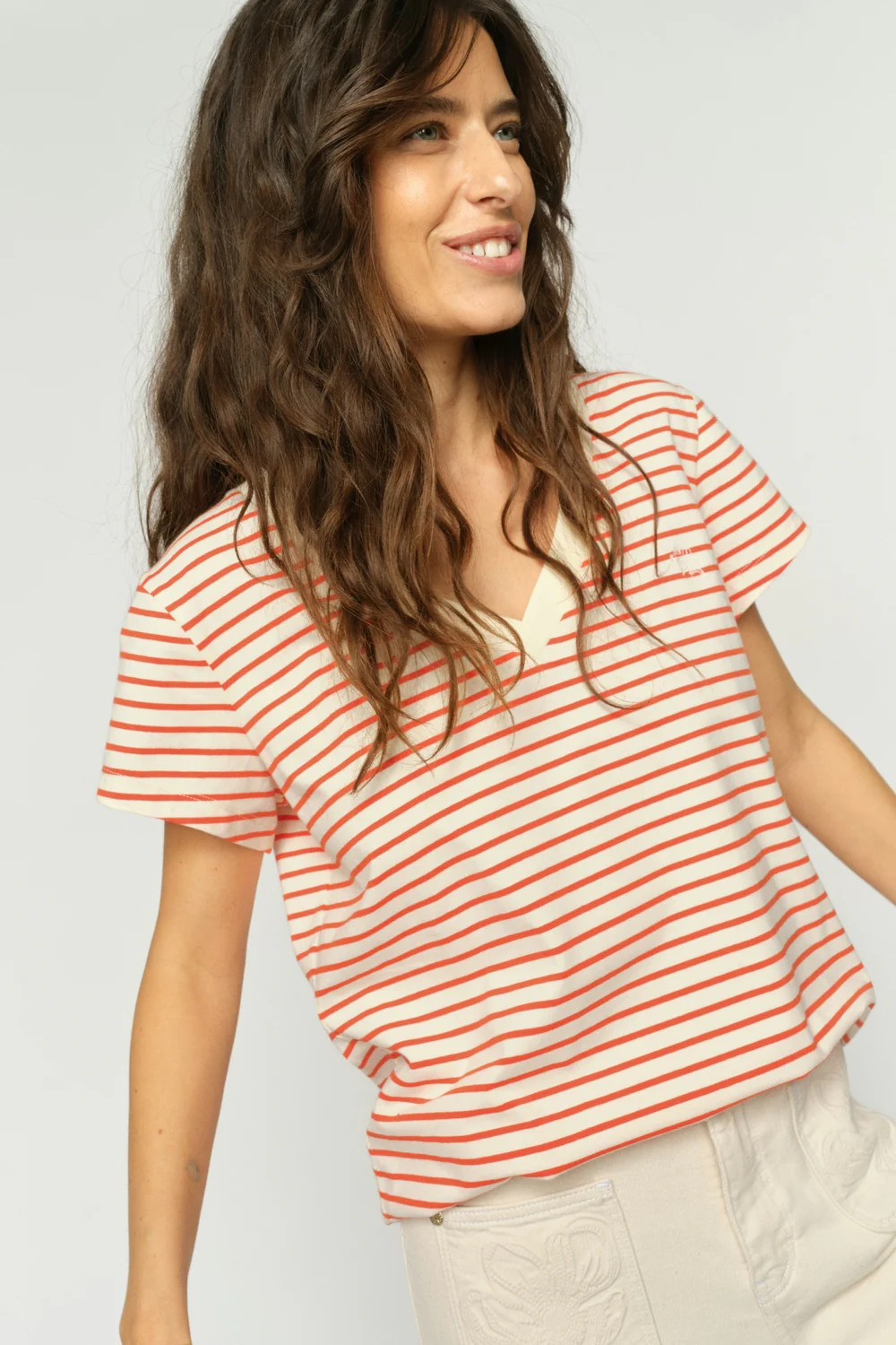 Kala V-SS Stripe Tee | Spicy Orange | T-Shirt fra Mos Mosh