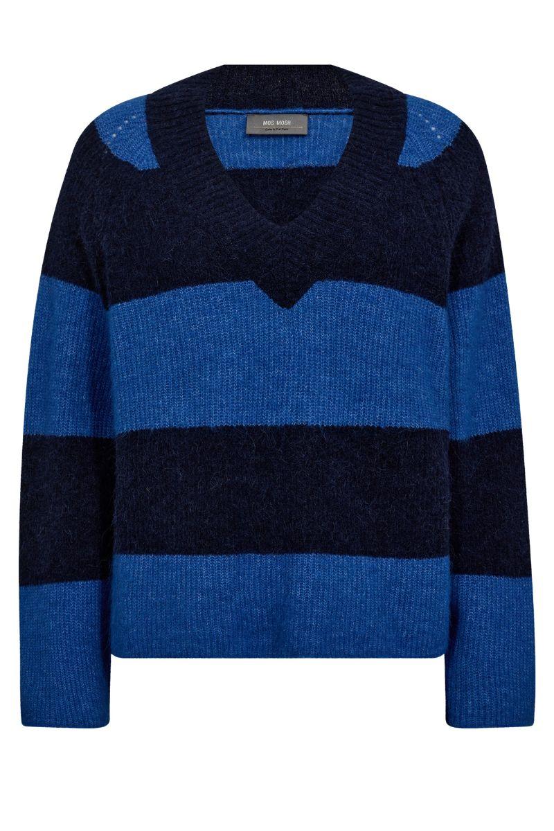 Taci Stripe LS V-Neck Knit | Maritime Blue | Strik fra Mos Mosh - Image 2