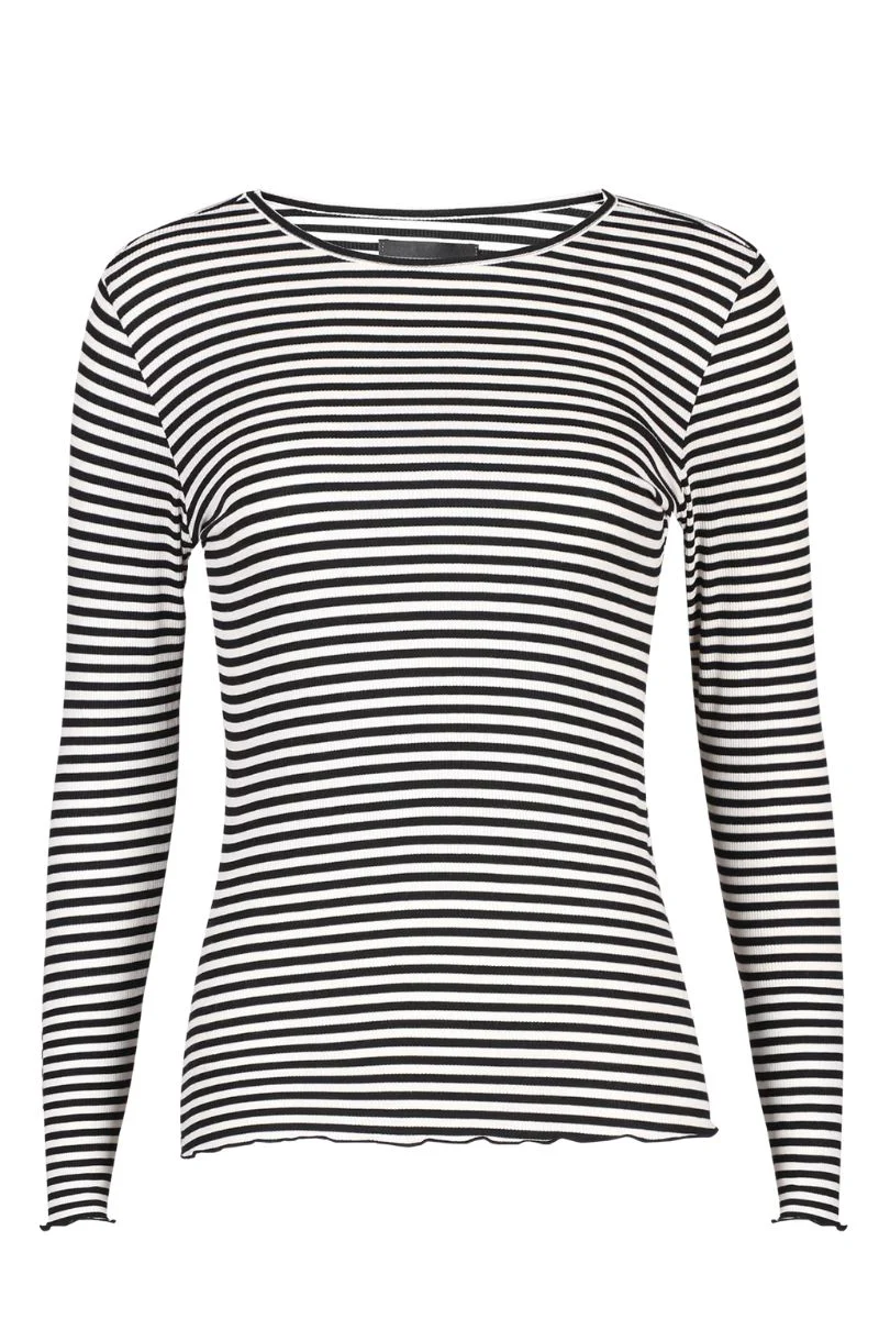 Natalia Ls Round Neck Blouse | Black Creme Small Stripe