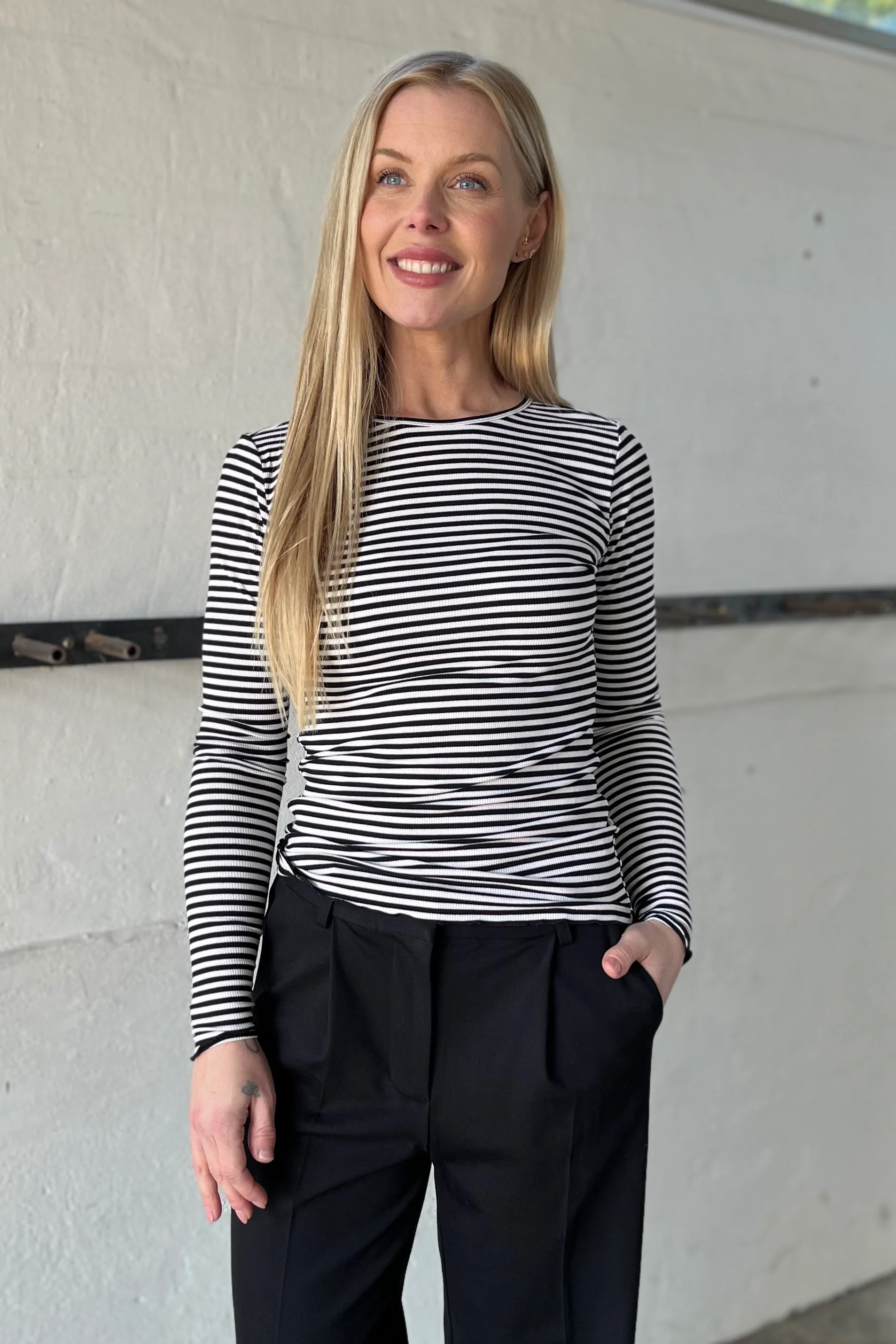 Natalia Ls Round Neck Blouse | Black Creme Small Stripe - Image 2