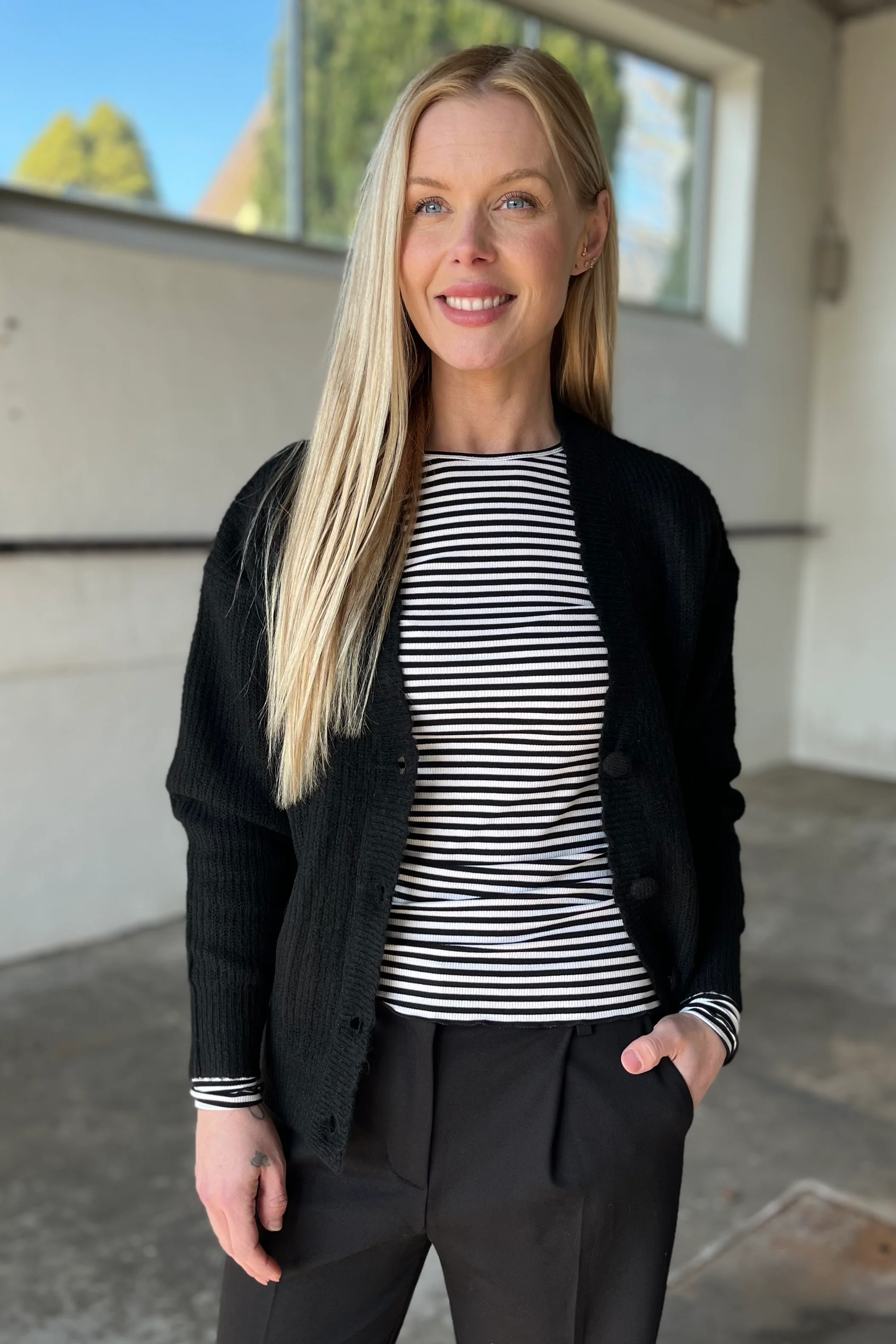 Natalia Ls Round Neck Blouse | Black Creme Small Stripe - Image 7