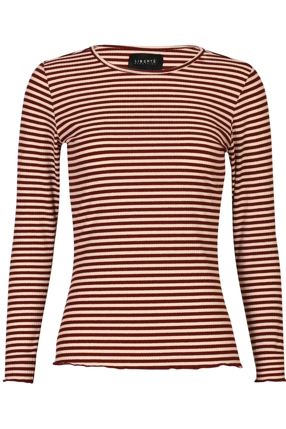 Natalia Ls Round Neck  Blouse | Bordeaux Creme Gold Stripe
