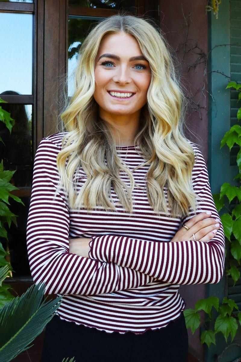 Natalia Ls Round Neck  Blouse | Bordeaux Creme Gold Stripe - Image 2