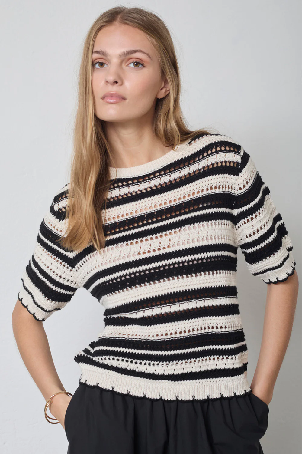 Odette Stripe SS O-Knit 42018 | OffWhite-Black | Strik fra Co'couture