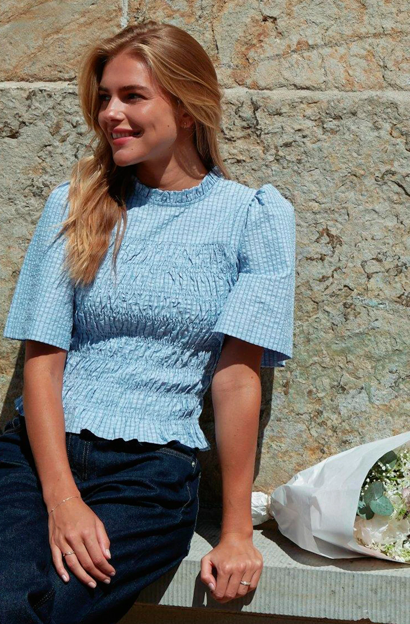 Possini Check Smock Blouse | Light Blue | Bluse fra Neo Noir - Image 3
