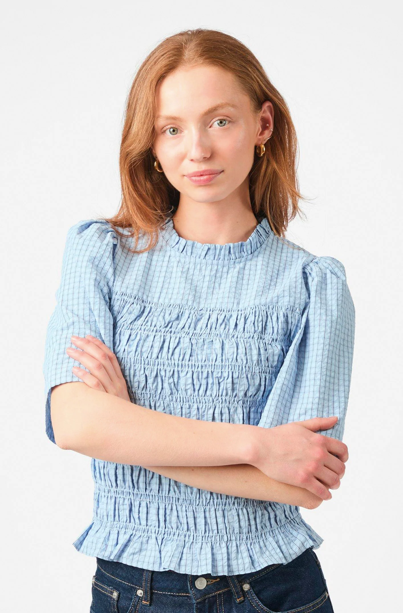 Possini Check Smock Blouse | Light Blue | Bluse fra Neo Noir - Image 5