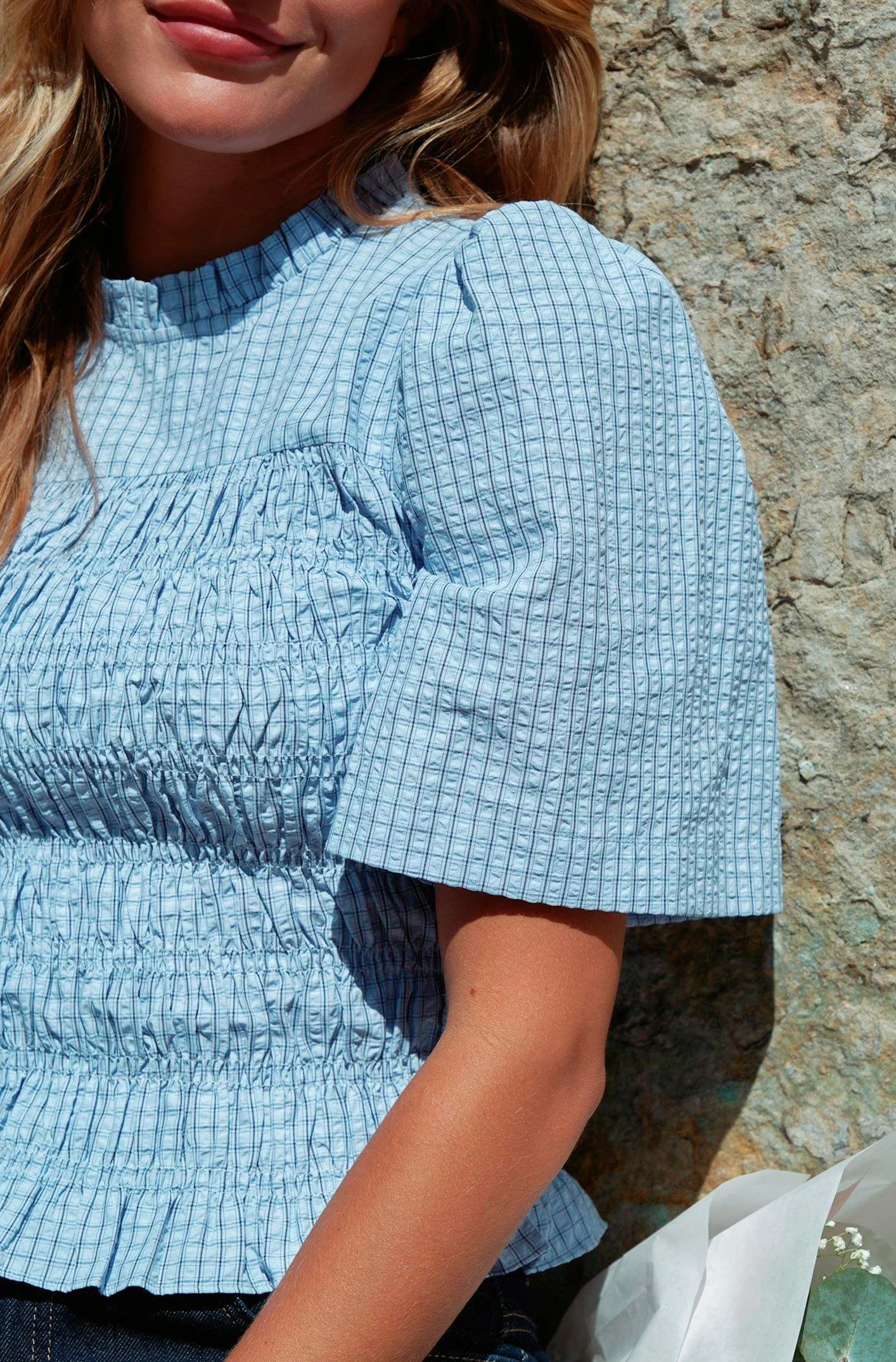 Possini Check Smock Blouse | Light Blue | Bluse fra Neo Noir - Image 6