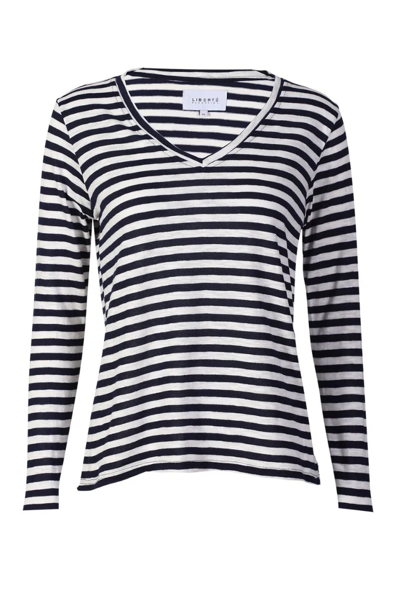 Ulla Ls Vneck Stripe Tshirt | Navy White Stripe | Bluse fra Liberté