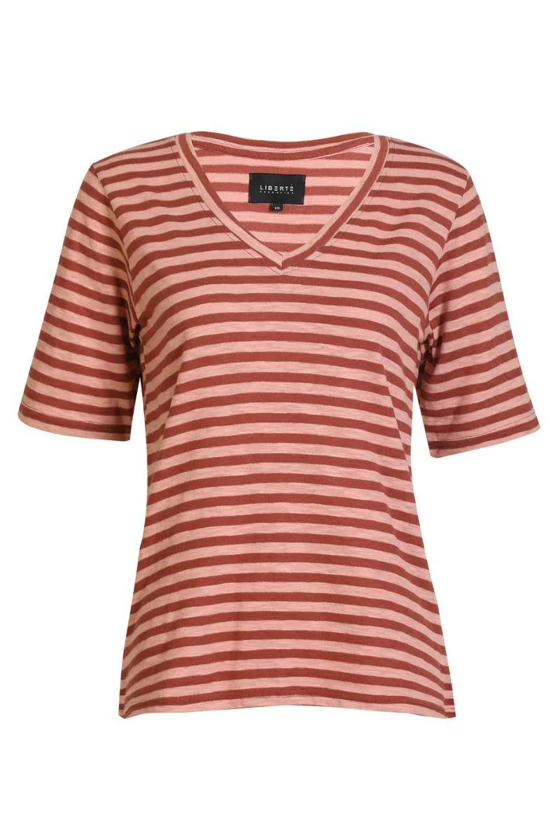 Ulla Ss Vneck Stripe Tshirt | Rose Dark Rose Stripe | T-Shirt fra Liberté